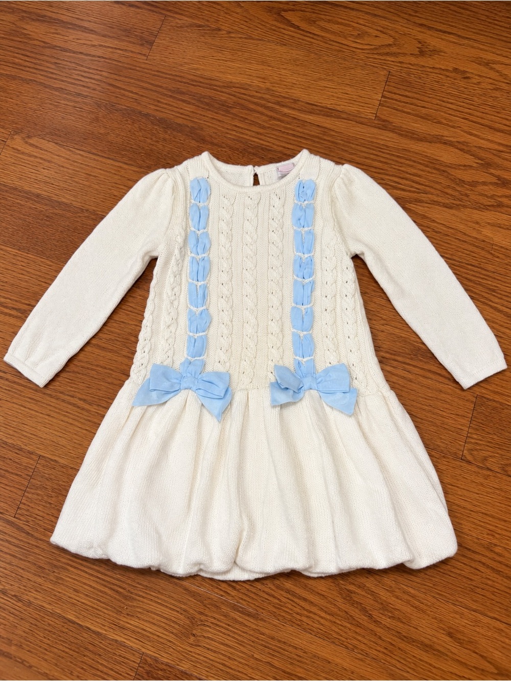 Janie and Jack Girls Ivory Knit Dress with Blue Bows Size 2T